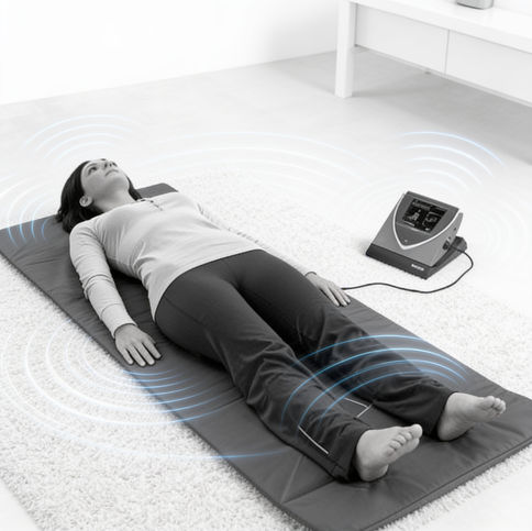 Femme allongée sur un tapis thérapeutique connecté à un appareil de champ électromagnétique pulsé (CEMP) lors d’une séance de physiothérapie.