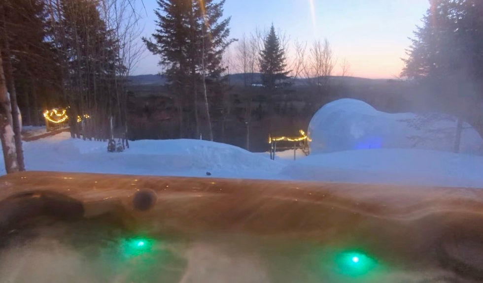 Vue extérieure du spa du Dôme Le Cristal chez Dômes Bellechasse: location de dômes géodésiques et hébergement en pleine nature.