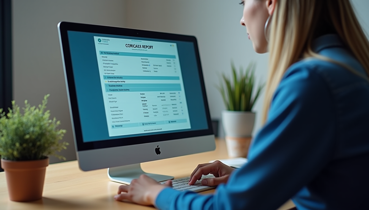 Vista a nivel de ojo de una persona revisando su reporte crediticio en un computador
