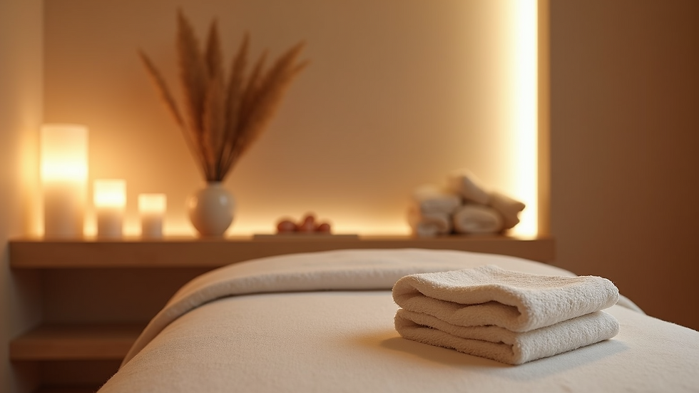 Eye-level view of a cozy spa treatment room with soft lighting
