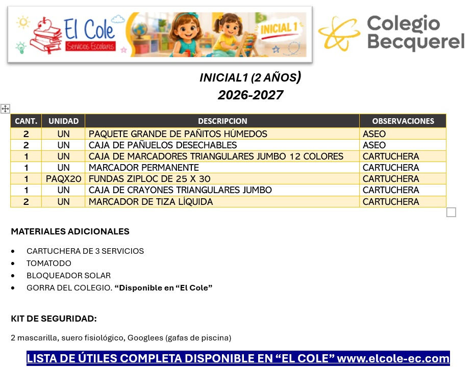 Miniatura: Lista de Útiles | INICIAL 1 ( 2 Años )- Becquerel TC