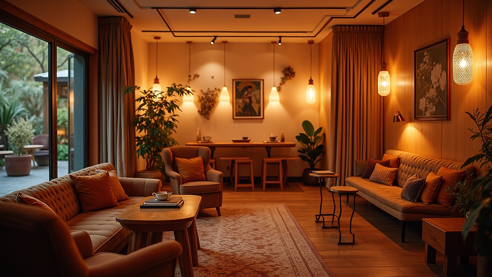 Wide angle view of a cozy event space with warm lighting and comfortable seating