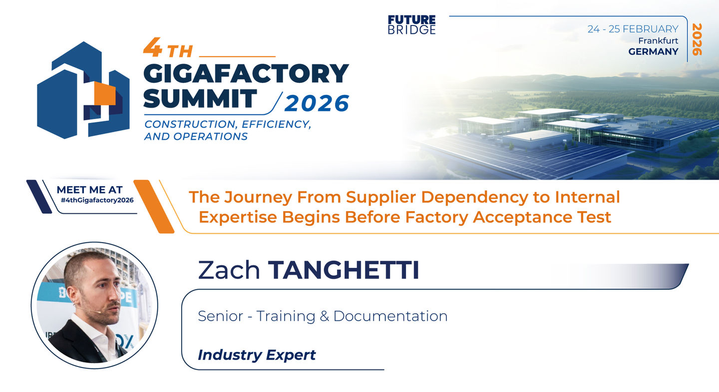 Announcement of Zach speaking at an upcoming battery industry event, showcasing his expertise on manufacturing training and documentation