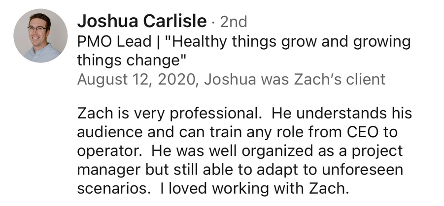 Positive performance review for Zach on previous manufacturing training or documentation work