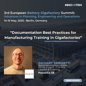 Announcement of Zach speaking at an upcoming battery industry event, showcasing his expertise on manufacturing training and documentation