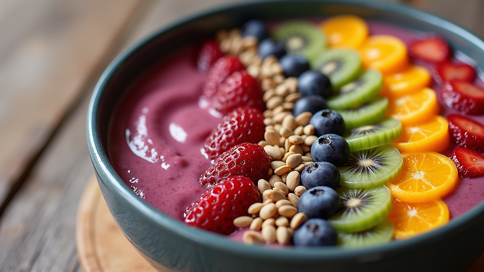 Close-up view of a colorful smoothie bowl topped with fresh fruit and seeds