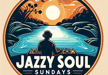 A logo for _JazzySoul Sundays_ featuring DJ JazzyPete. The design includes a DJ performing