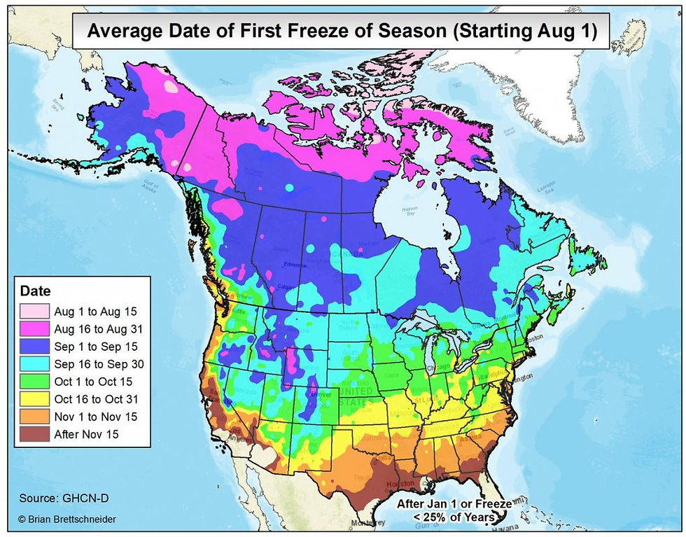Map of the gardening zones of North America
