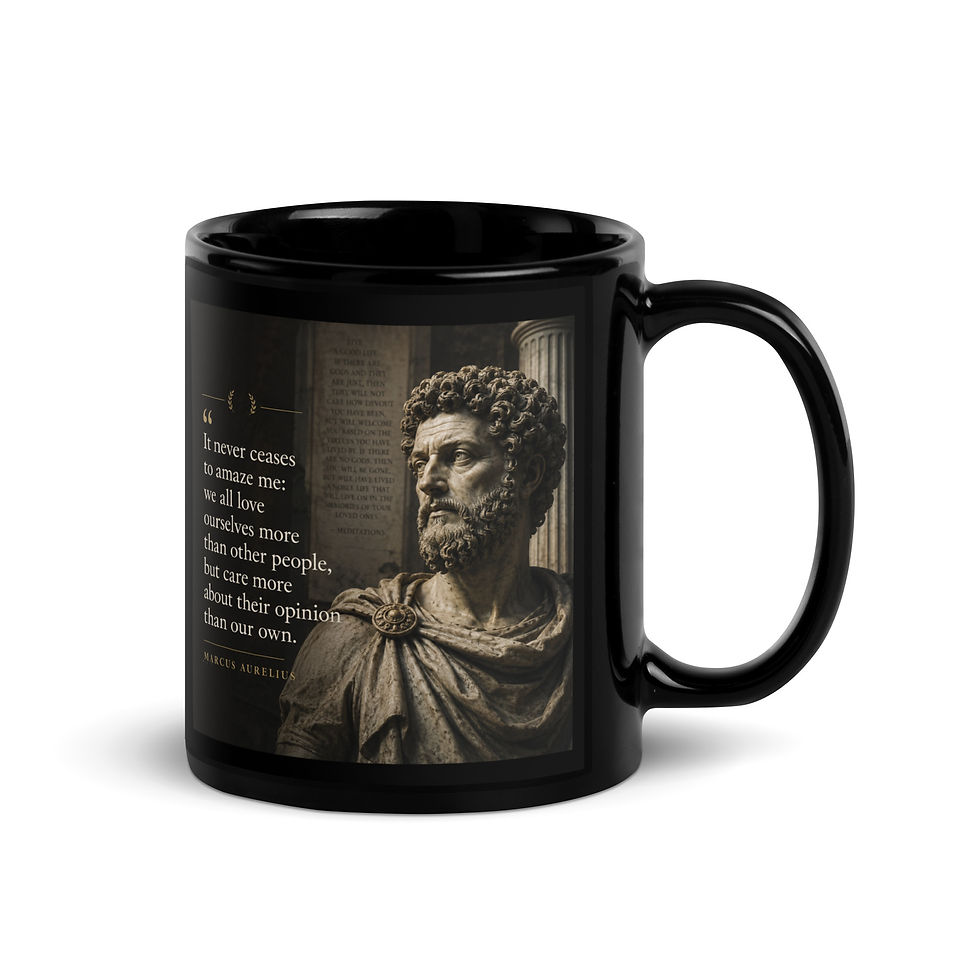 Thumbnail: "It never ceases to amaze me..." - Marcus Aurelius Black Glossy Mug