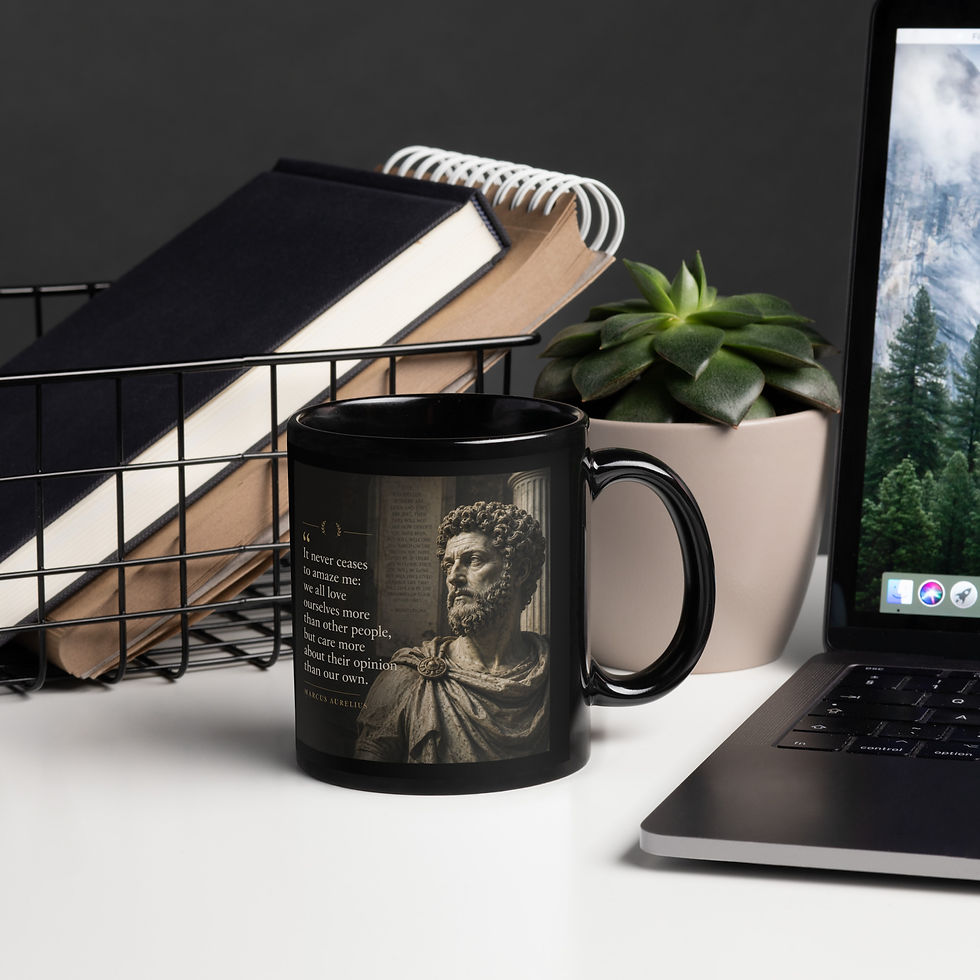 Thumbnail: "It never ceases to amaze me..." - Marcus Aurelius Black Glossy Mug