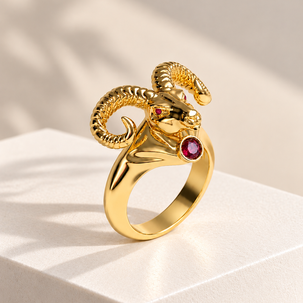 Gold Aries ring featuring a sculpted ram head design by REV