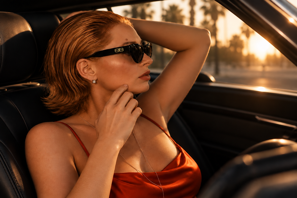 REV gold Aries ring featured in a luxury editorial portrait inside a car