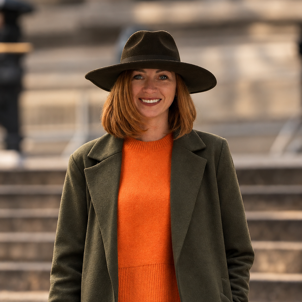 Woman in an olive coat and orange sweater in a refined fashion editorial