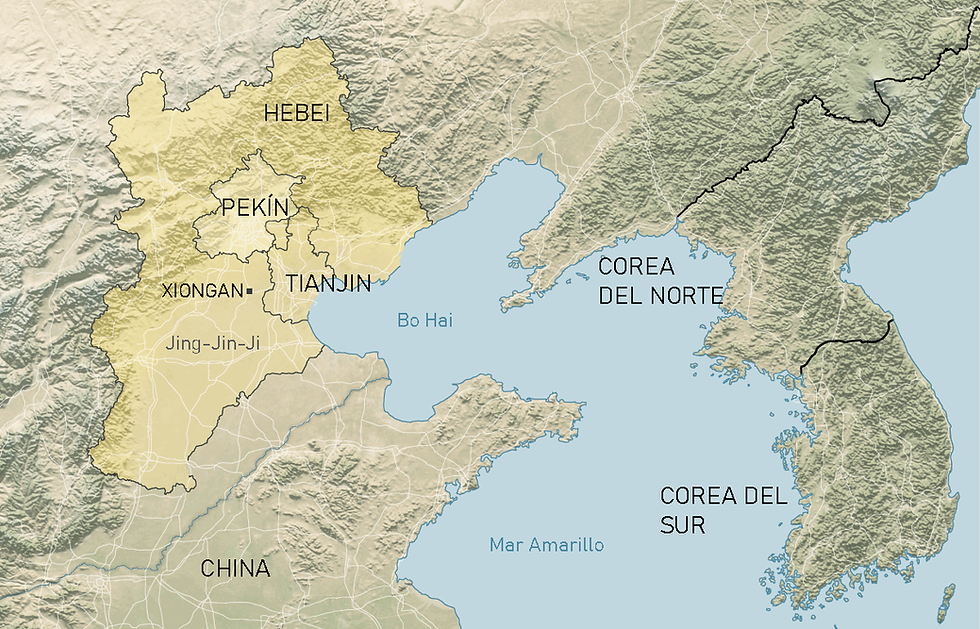 AreaJingJinJi: localización de Tianjin, Pekín, Xiongan y Hebei. Fuente: The New York Times, traducido al español.
