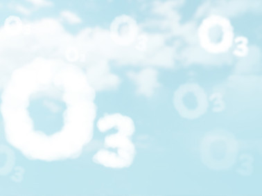 white cloud in O3 text on blue sky background