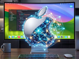 Apple-themed artificial intelligence concept showing a futuristic smartphone interface with glowing AI elements, digital neural network graphics, holographic data visualization, and modern technology background representing Apple's expanding AI ecosystem and innovation in consumer technology.