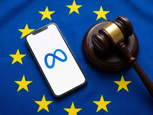 European Union antitrust investigation targeting Meta, featuring a smartphone displaying the Meta logo beside a judge's gavel on the EU flag, symbolizing regulatory action, digital competition, AI messaging, and technology governance.