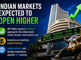 Indian stock market concept showing the Bombay Stock Exchange building, a bullish market bull statue, an upward green arrow, and a digital stock ticker, representing GIFT Nifty signaling a higher opening as investors monitor crude oil prices, global markets, and FII activity.