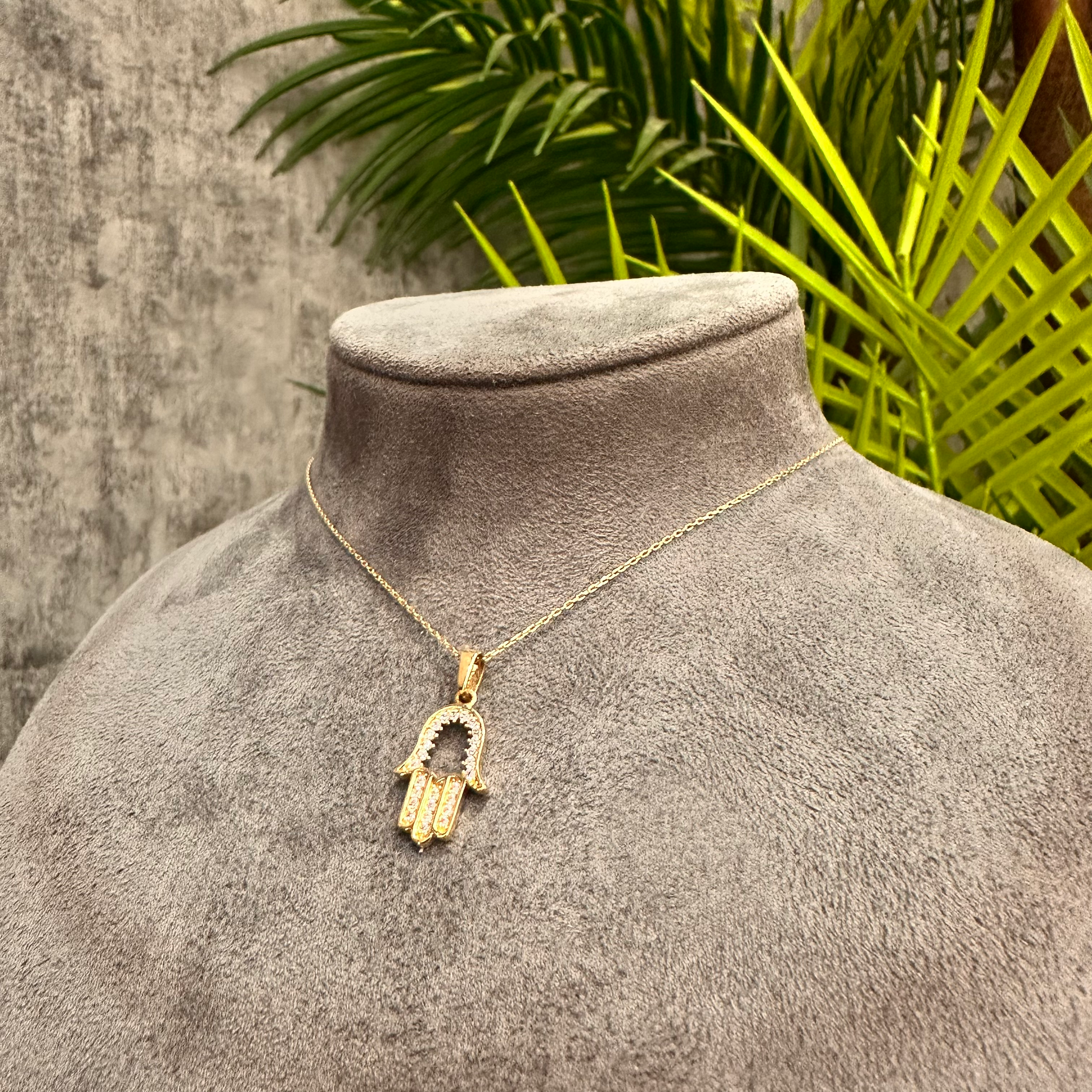 14 Ayar Altın Taşlı Hamsa Kolye