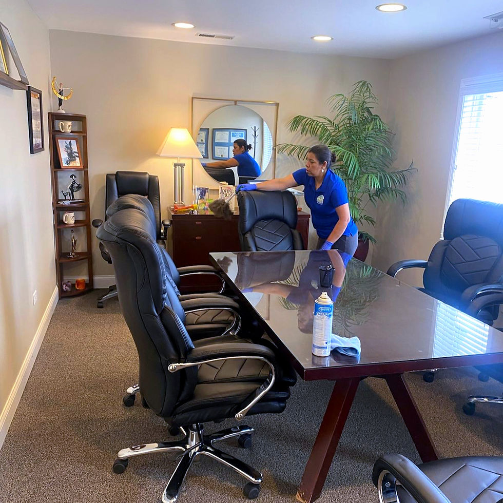 A professional cleaning a conference room table and chairs.