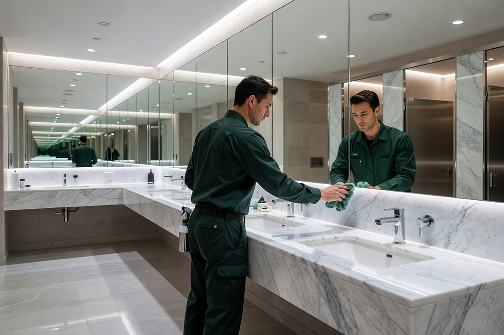 Professional cleaner wiping mirrors in medical office bathroom