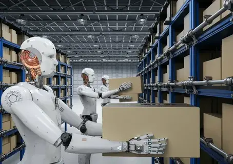 Depo ortamında çalışan robotlar ve otomasyon sistemleri, yapay zekânın iş dünyasında yaratacağı dönüşümü simgeliyor.