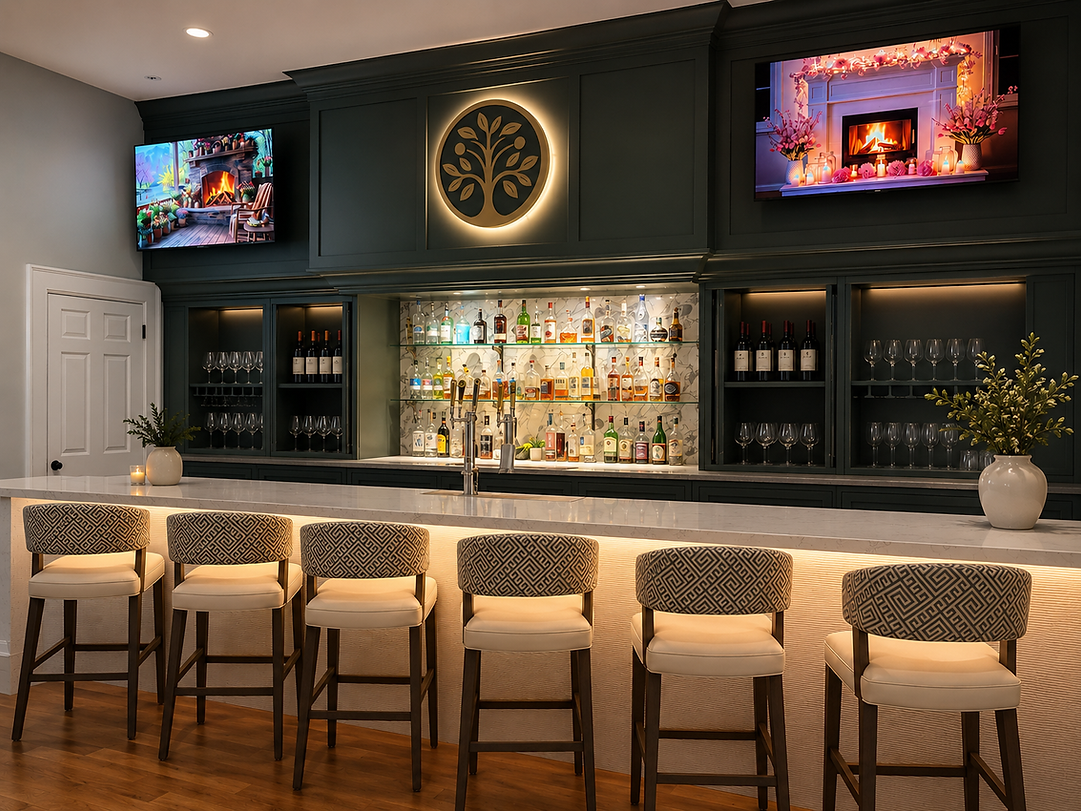 Modern bar with stools and tree logo on dark paneling