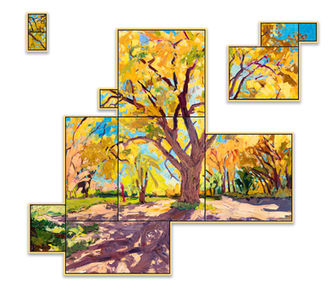 Plein air painting of a bright yellow tree. The composition is broken up over multiple panels, with two smaller panels or groups of panels detached from the large area. 