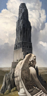 Stronghold (Study) by Wes Hempel, oil painting of a winged statue sitting in front of a large rock-like tower, artwork at William Havu Gallery, Denver.