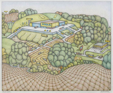 Stylized landscape with green rounded hill and tree forms and a brown grid in the foreground.