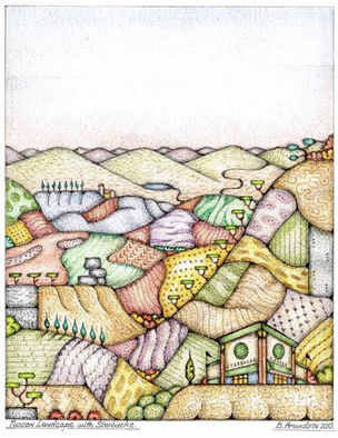 Stylizing landscape with rolling hills and symbols.