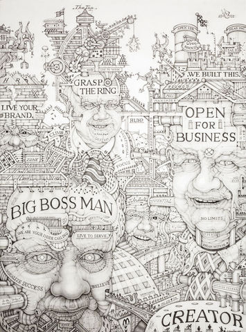 Black on white sketch of faces surrouned by machinery and words such as: "Open for Business" and "Big Boss Man"