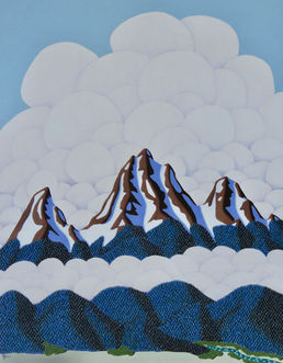 Stylized landscape with three mountain peaks and rounded billowing clouds behind and below.