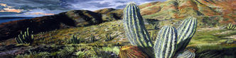 Detailed lanscape painting with a large cactus in the foreground and sparse hills in the background.