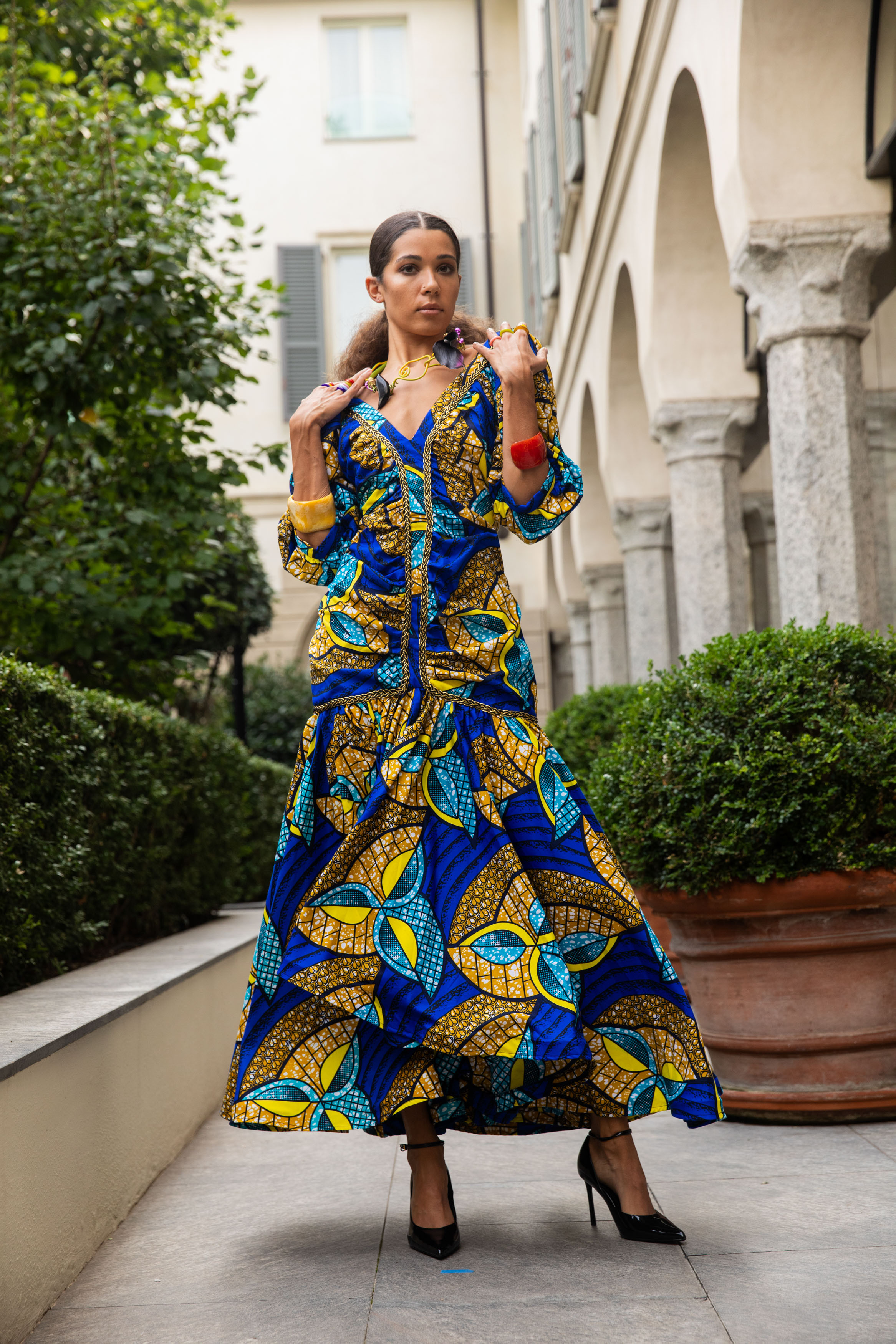 Blue & Yellow Full Length Dress - Size 10