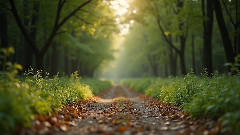 Eye-level view of a serene nature path surrounded by trees
