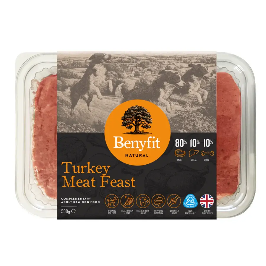 Benyfit Natural Turkey Meat Feast package, 80-10-10, natural dog food product.