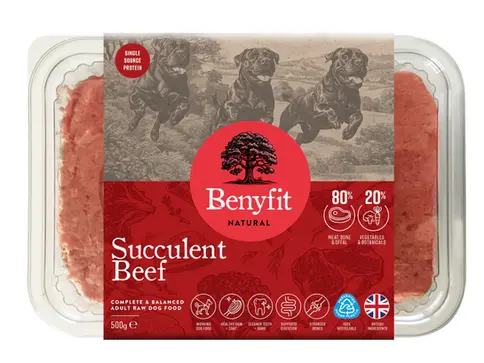 Benyfit Natural Succulent Beef raw dog food in clear plastic packaging.