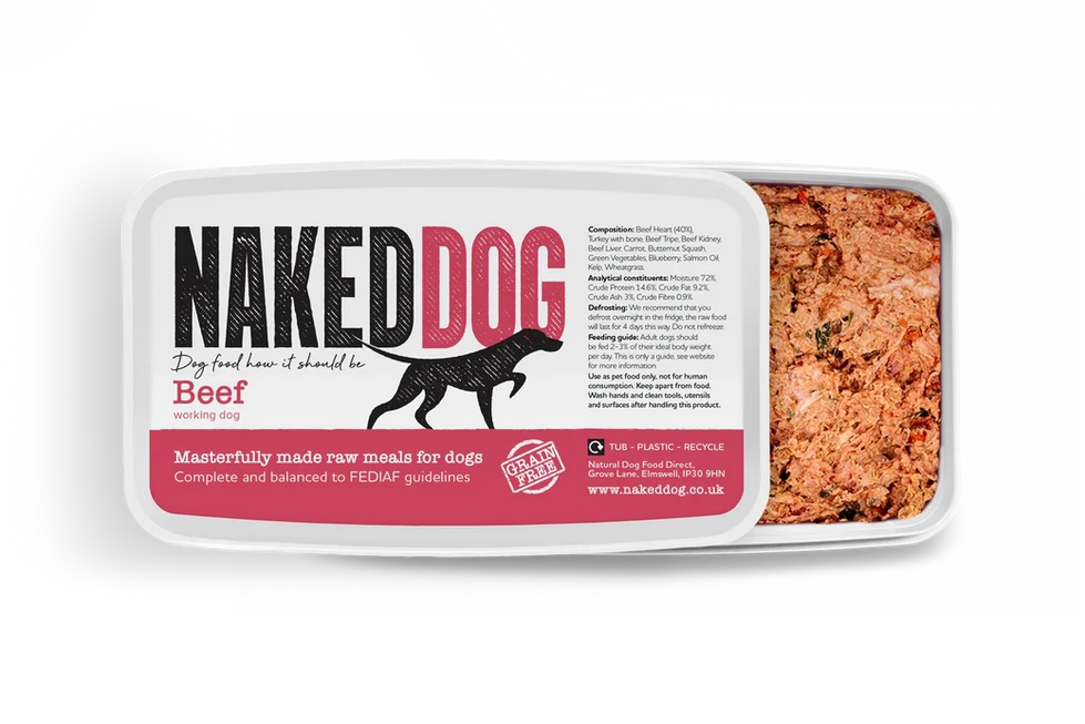 Naked Dog Beef dog food container, raw food for dogs, with product details and text.