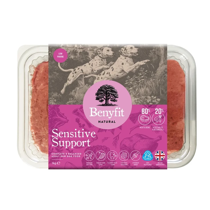 Benyfit Natural Sensitive Support dog food with two Dalmatian silhouettes on packaging