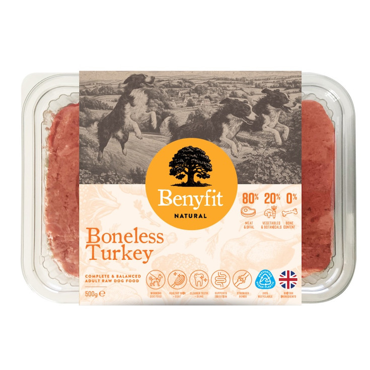 Benyfit Natural Boneless Turkey in a clear container with text and symbols.