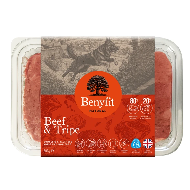 Benyfit Natural Beef and Tripe raw dog food in a clear container.