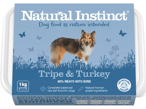 Natural Instinct Tripe & Turkey dog food with 80% meats and bone, 1kg.