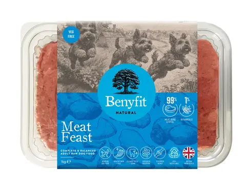 Benyfit Meat Feast, with dog illustration and various symbols, food for dogs.