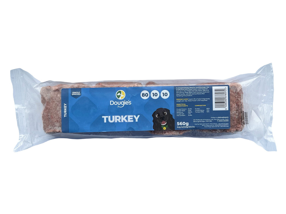Dougles Turkey product with visible text and image of a dog 140g package
