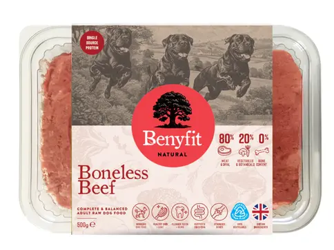 Benyfit Natural Boneless Beef raw dog food in a clear plastic container.