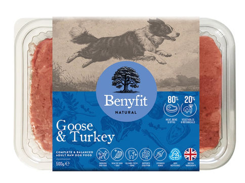 Benyfit Natural Goose & Turkey dog food with high protein content packaging.