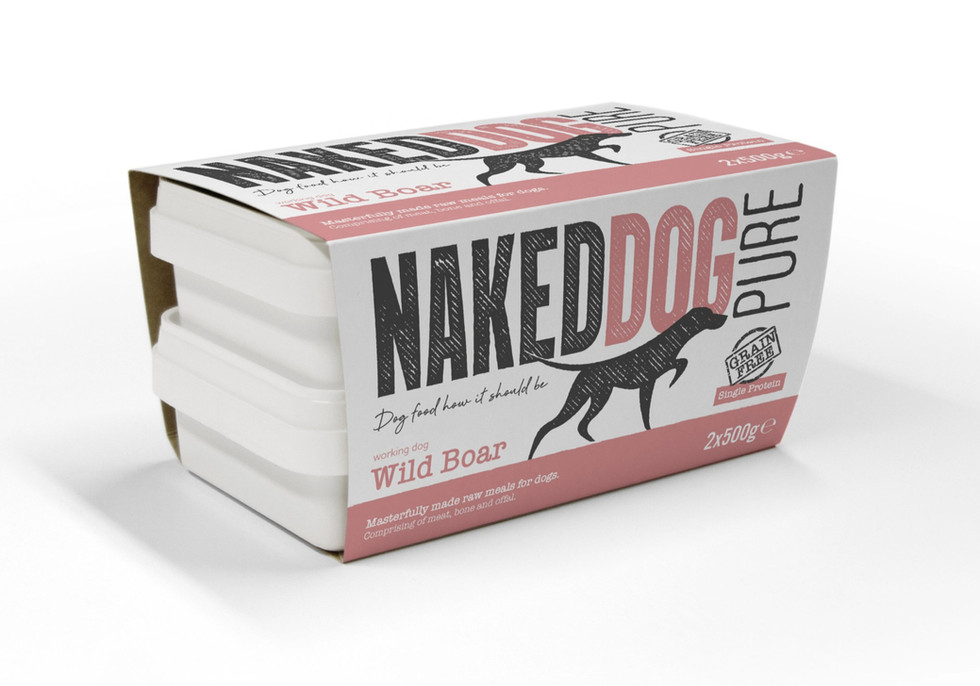 Naked Dog Pure Wild Boar dog food in box with text packaging.