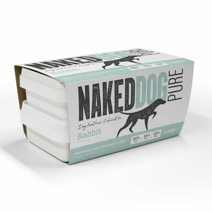 Naked Dog Pure Rabbit food packaging with a dog illustration and text.