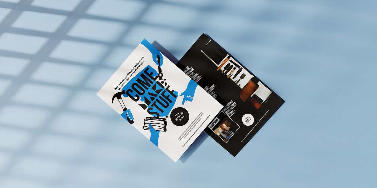 Print design flyers: 'COME MAKE STUFF' and black brochure